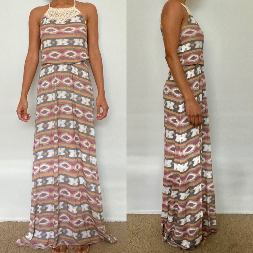 Lucky Brand Tribal Print/ Crochet Maxi Dress